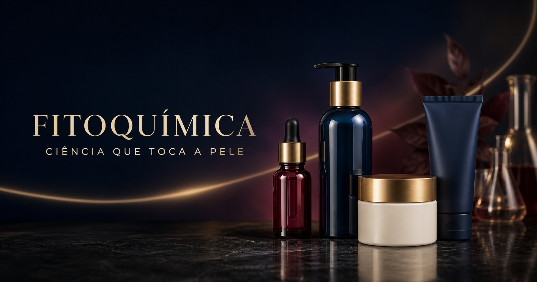 Frascos cosméticos realistas em azul-marinho, vinho, dourado e marfim